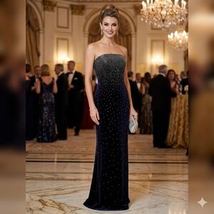 VTG Reggion Black Velvet  Strapless  Sheath Gown Rhinestone Goth Farry Grunge.